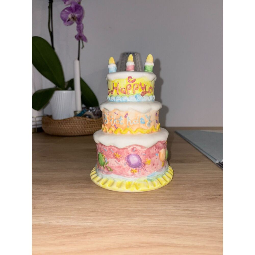 Vintage Happy Birthday Cake Music Box Ceramic Birthday Cake Decor